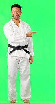 Karate, face and man pointing to green screen studio for fitness, sports and exercise on mockup background. Martial arts, trainer and portrait of asian male show training, workout or dojo advertising