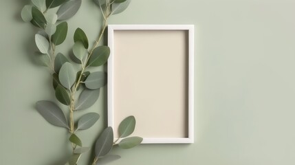 Vertical wooden frame and eucalyptus leaves on the wall mockup. Minimalist style, copy space. Created with generative AI technology.