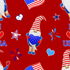 United States Independence Day gnome striped hat seamless pattern. 4th of July national USA flag holiday festive clothes fabric sublimation printing design. Scandinavian character patriotic symbolics.