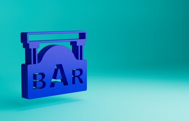 Blue Street signboard with inscription Bar icon isolated on blue background. Suitable for advertisements bar, cafe, restaurant. Minimalism concept. 3D render illustration