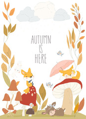 Little Cartoon Animals with Big Mushrooms and Plants. Vector Illustration