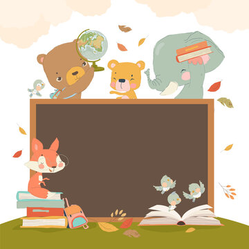Back to School Vector Illustration. Cartoon Animal Characters holding Schoolbags and Globe learning, reading Book or Textbook, sitting next to Class Blackboard