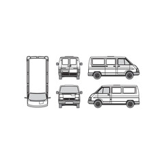 outline of van, year 1998, isolated white background, front, back, top and side view, part 3