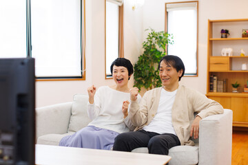 家でテレビを見ている成熟した日本のカップル