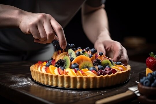 pastry chef decorating fruit pie with flourish of pastry, created with generative ai