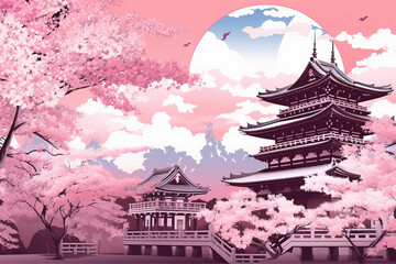 japanese pagoda and blossoms