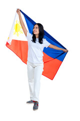 Asian women celebrate the Philippines independence day on 12 June by holding the Philippines flag