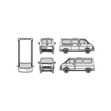 minibus outline, year 1998, isolated white background, front, back, top and side view.