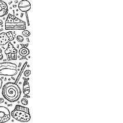Drawn sweets background. Doodle food illustration with sweets and place for text