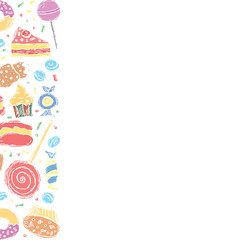 Drawn sweets background. Doodle food illustration with sweets and place for text