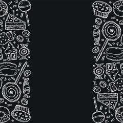 Drawn sweets background. Doodle food illustration with sweets and place for text