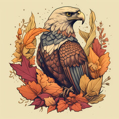 Fototapeta premium Cartoon bird on a branch with foliage illustration. Generative AI 