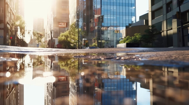 Urban Reflections Cityscape Mirrored in Puddles