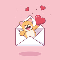 Cute cartoon cat in a letter envelope holding a love heart