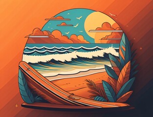 Illustration of surfingboard with beach for international surfing day created using generative ai tools