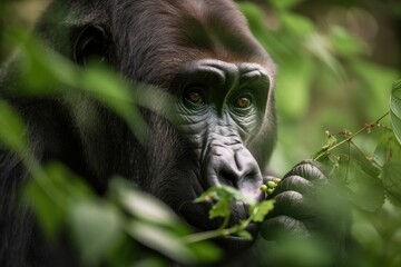 gorilla picking berries from bush in the forest, created with generative ai