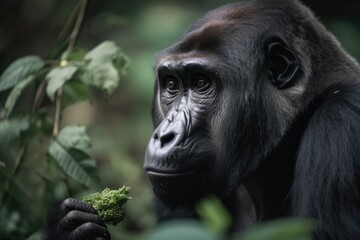 Fototapeta premium gorilla picking berries from bush in the forest, created with generative ai