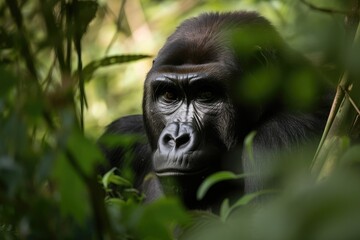 gorilla, peering through the trees and bushes with its keen eyes, created with generative ai