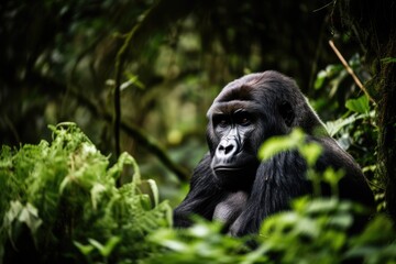 Obraz premium glimpse of gorilla in the wild, surrounded by lush greenery and picturesque view, created with generative ai