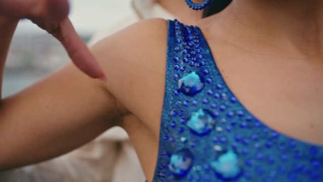 Closeup sensual couple dancing seductively on cloudy nature. Hot dancers moving