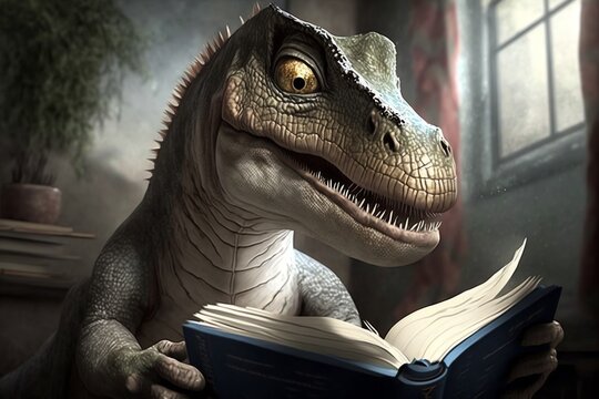 Portrait of dinosaur reading a book. Old-fashioned reading concept. Generative AI