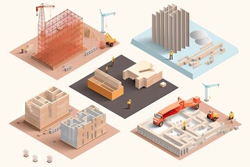 a construction site, with isometric and axonometric projections showing the various work stages, created with generative ai
