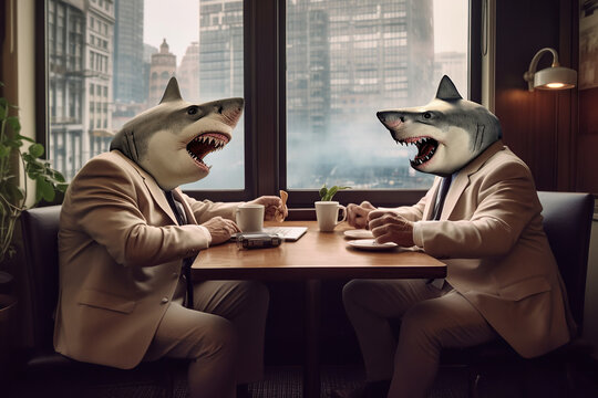 Image of two great white sharks in a business suits in a meeting at new york cafe. Anthropomorphic concept.