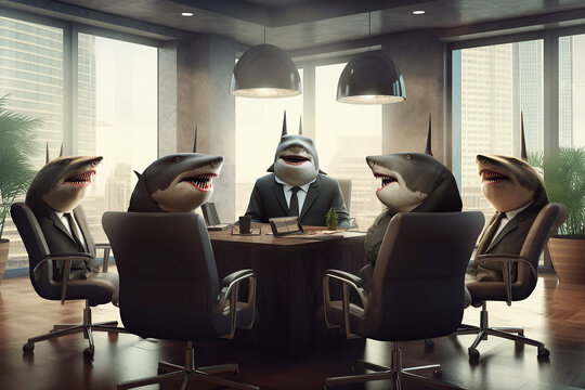 Image of a group of sharks in suits and ties sitting around the conference table at the meeting at the office. Anthropomorphic concept.