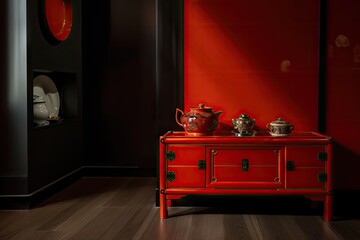 vermillion lacquered cabinet and japanese tea set on the black wooden floor, created with generative ai