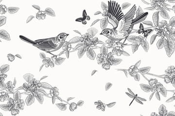 Floral seamless pattern. Cute birds on the branches of Blossoming tree. Vector. Vintage.