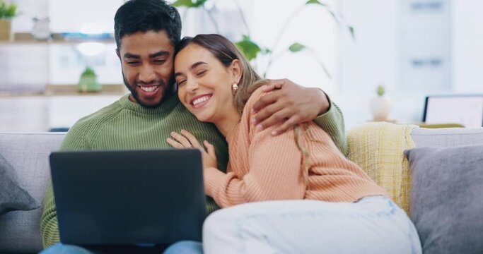 Happy, love and couple on a sofa, laptop and bonding at home, relax and talking in the living room. Hug, man and woman on a couch, pc and technology in living room, search internet and quality time