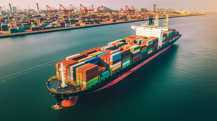 Aerial view from drone, copy space Container ship or cargo shipping business logistic import and export freight transportation by container ship in open sea, Container loading cargo freight ship boat.