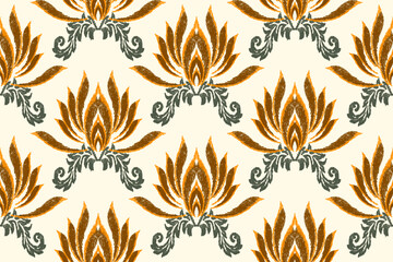 Ikat embroidered on yellow background, traditional geometric ethnic pattern, Aztec style abstract vector illustration.