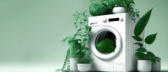 Greenwashing or green sheen concept with washing machine on wide banner with copy space. Generative AI. - obrazy, fototapety, plakaty