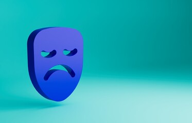 Blue Drama theatrical mask icon isolated on blue background. Minimalism concept. 3D render illustration