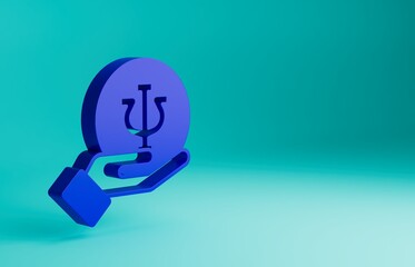 Blue Psychology icon isolated on blue background. Psi symbol. Mental health concept, psychoanalysis analysis and psychotherapy. Minimalism concept. 3D render illustration