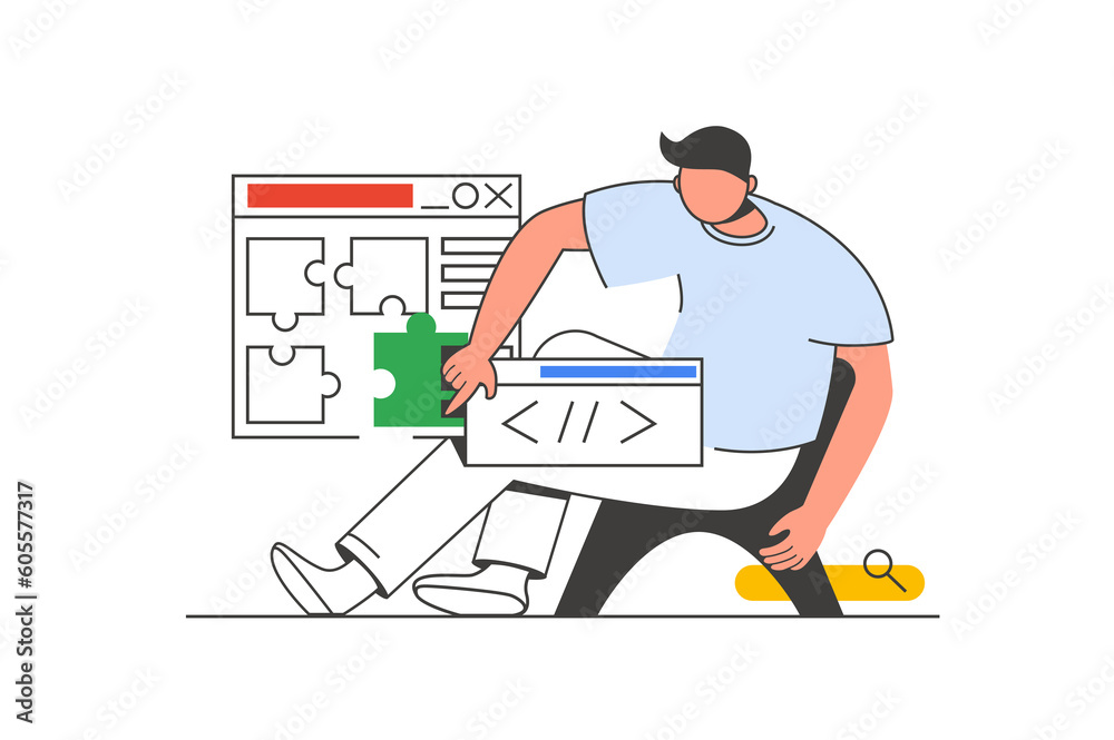 Aufkleber App development outline web concept with character scene. Man creates software and building programs. People situation in flat line design. Illustration for social media marketing material.