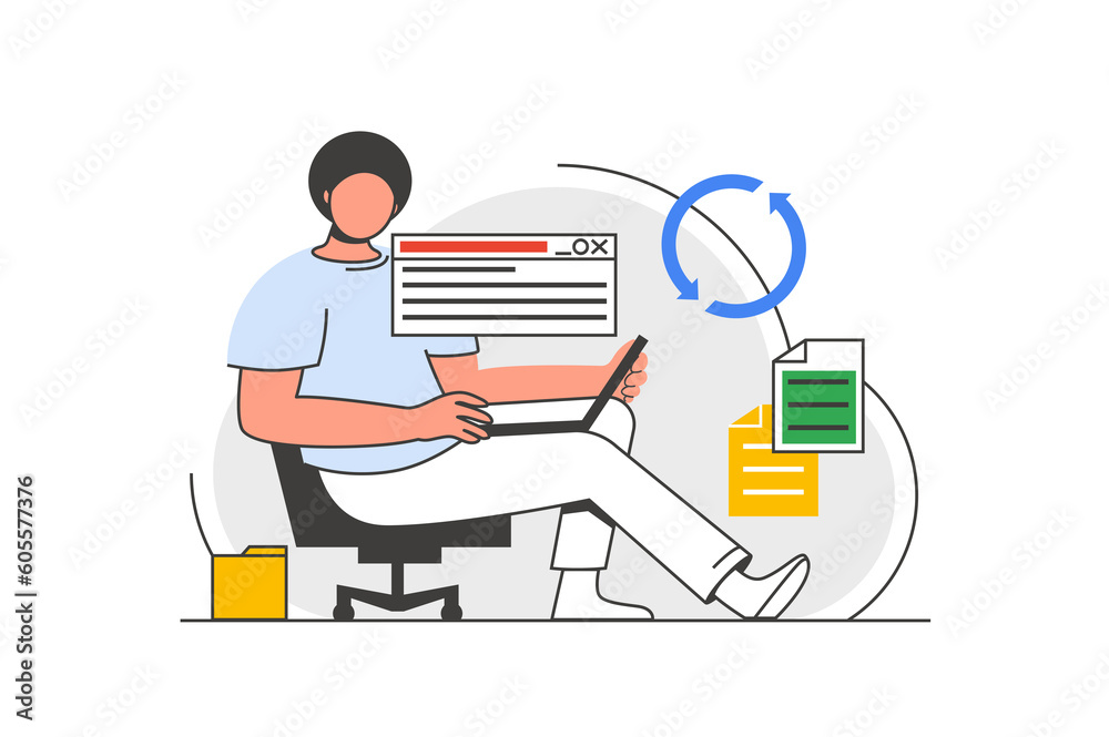 Leinwandbilder cloud computing outline web concept with character scene. man sync documents online, works in databa