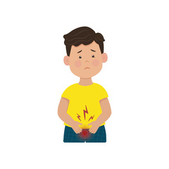 Cystitis in children, The boy holds his lower abdomen, Pain during urination. Vector illustration. Kid infections.