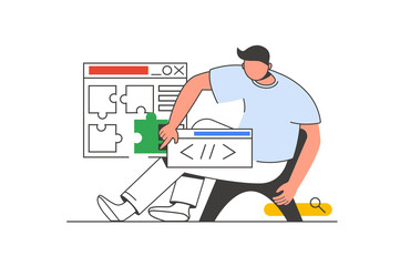 App development outline web concept with character scene. Man creates software and building programs. People situation in flat line design. Illustration for social media marketing material.