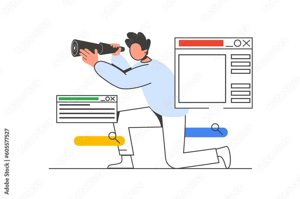 Poster searching opportunities outline web concept with character scene. man looks into spyglass, choosing 