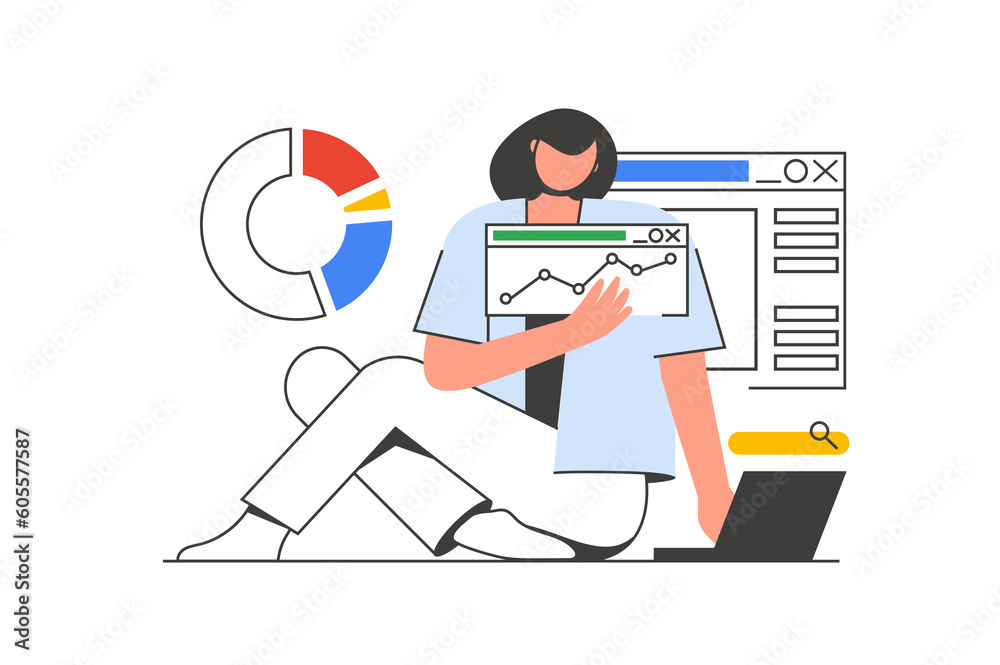 Poster seo analysis outline web concept with character scene. woman analyzes search results, increases traf