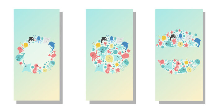 Frames with sea animals. Marine animals in circle with space for text. Template of cards, covers.  Set of vertical banners with floral elements in pastel colors. Vector illustration.