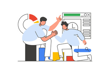 Teamwork outline web concept with character scene. Men collaborating and cooperating at work project. People situation in flat line design. Illustration for social media marketing material.