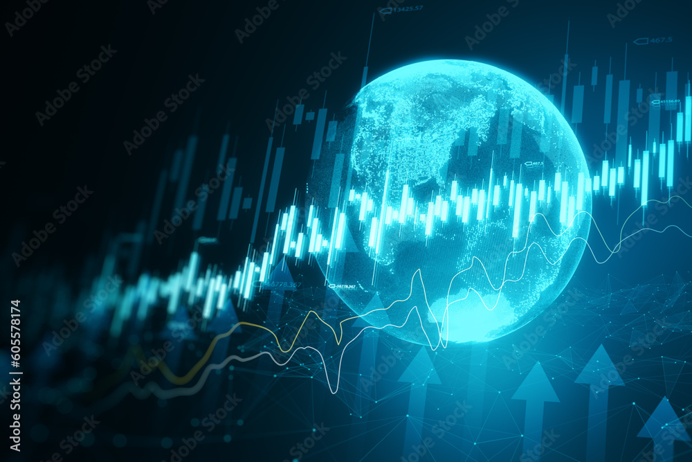 Poster stock market growth concept with digital financial chart candlestick on blue world map background. 3
