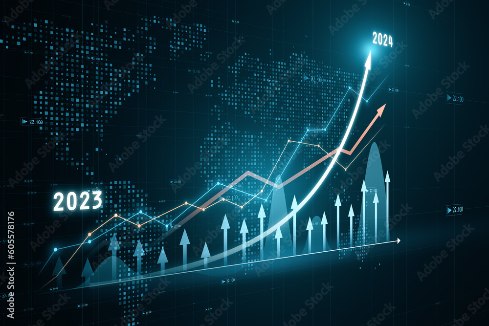 Poster perspective view of modern growing financial chart with rising up arrow on dark green background wit