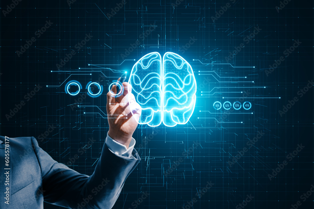 Poster Business analysis, innovation and artificial intelligence concept with businessman hand using stylus on virtual touch screen with digital glowing human brain on dark circuit background