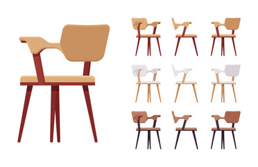 Kitchen side chair furniture big set in natural colors. Dinner party room, cafe, restaurant classic modern interior design accent. Vector flat style cartoon home, office isolated, white background