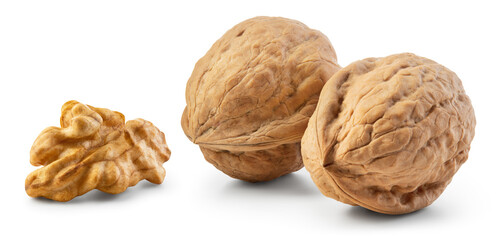 Walnut isolated. Two unpeeled walnuts with peeled kernel on white background. Walnut nut with shell. Side view. With clipping path. Full depth of field.
