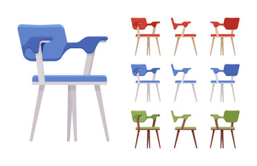 Kitchen side chair furniture big set in bright colors. Dinner party room, cafe, restaurant classic modern interior design accent. Vector flat style cartoon home, office isolated, white background